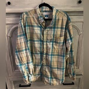 Men’s Columbia Tan & Blue Plaid Outdoor Button Down‎